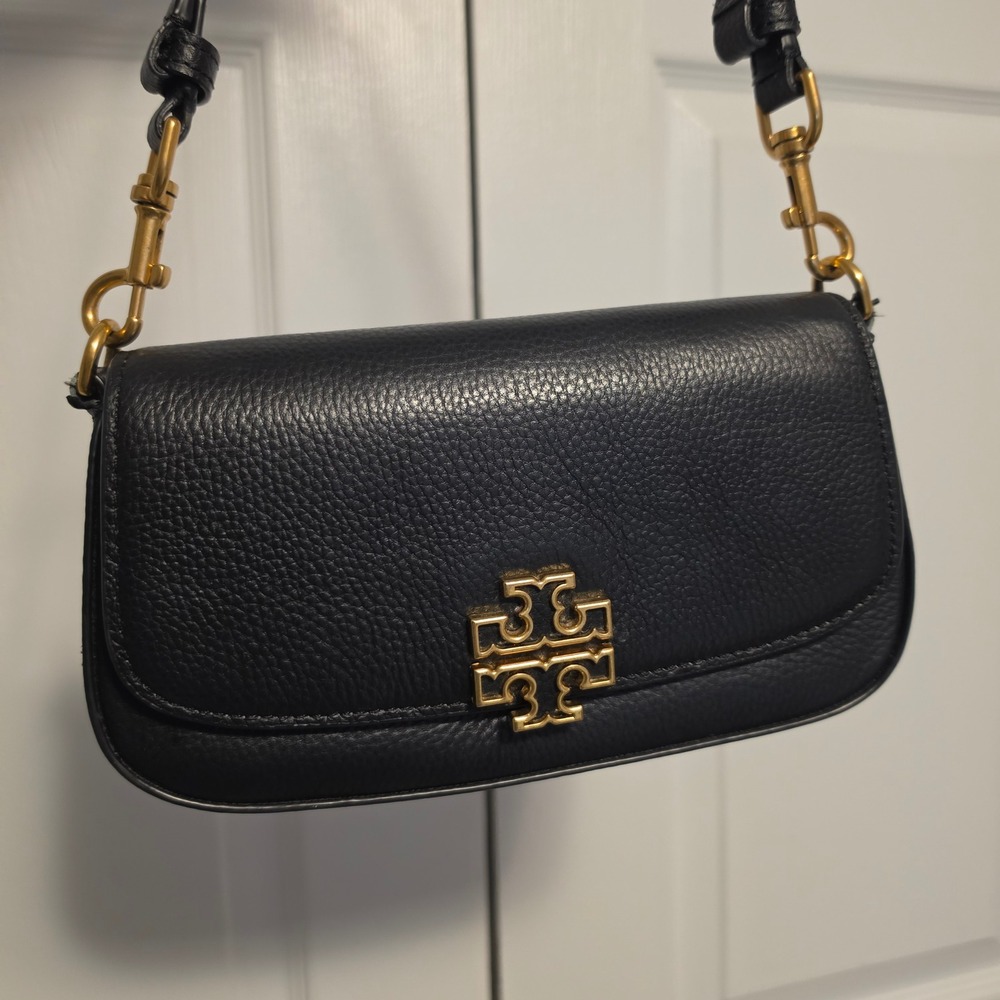 Tory Burch Britten Small Black Pebbled Leather Shoulder Bag Gold Chain OS